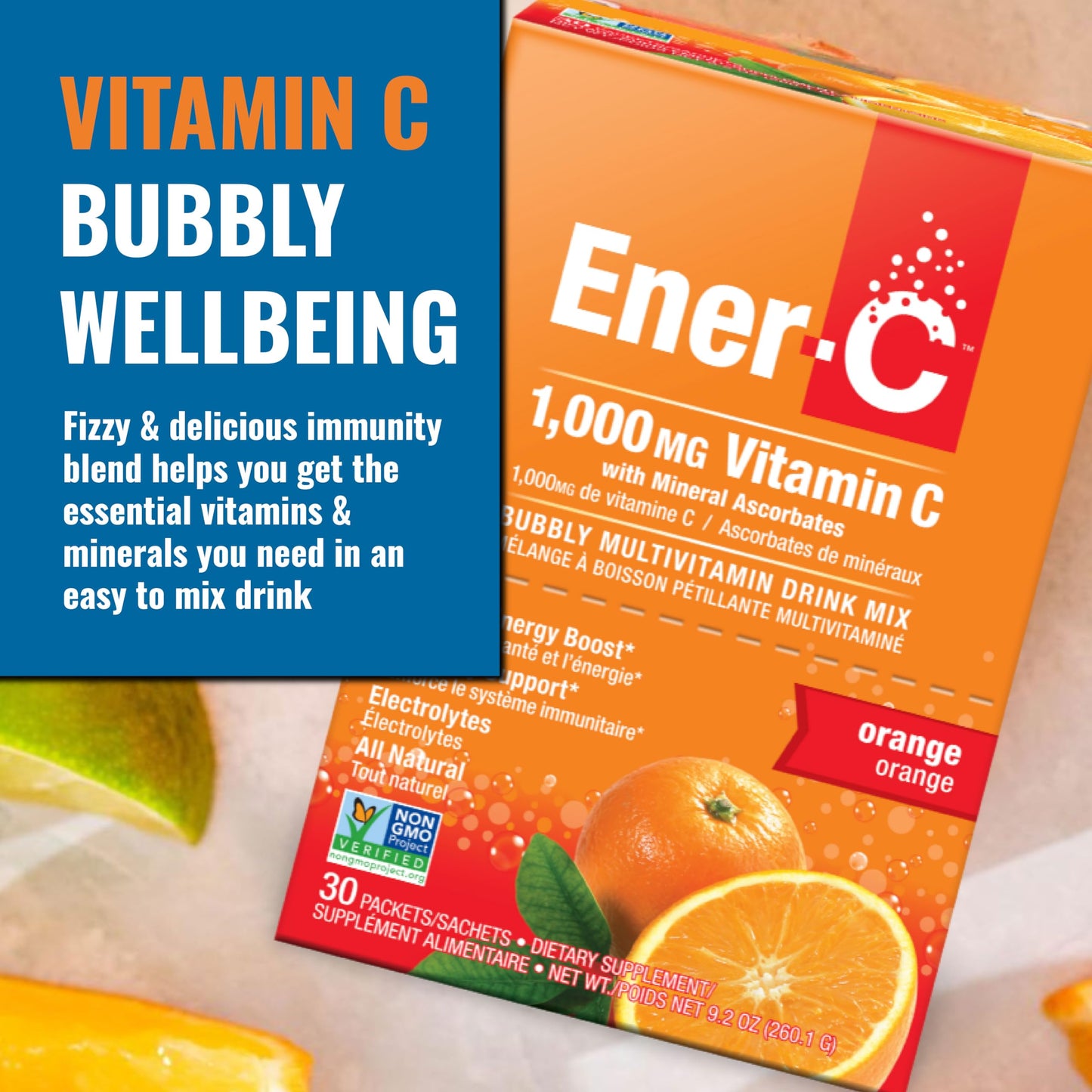 Ener-C 1000mg Vitamin C Immune Support – Orange Effervescent Drink Mix (60 Packets)