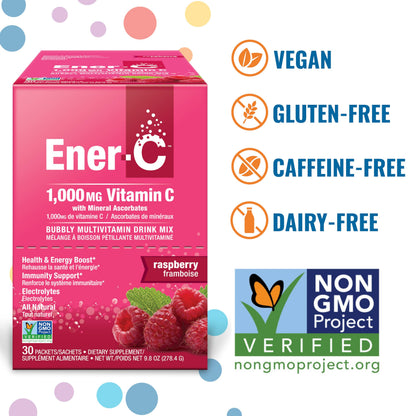 Ener-C Raspberry Multivitamin Drink Mix — Vitamin C 1000mg, Electrolytes, Immune Support | 30 Count | Vegan, Non-GMO, Gluten Free