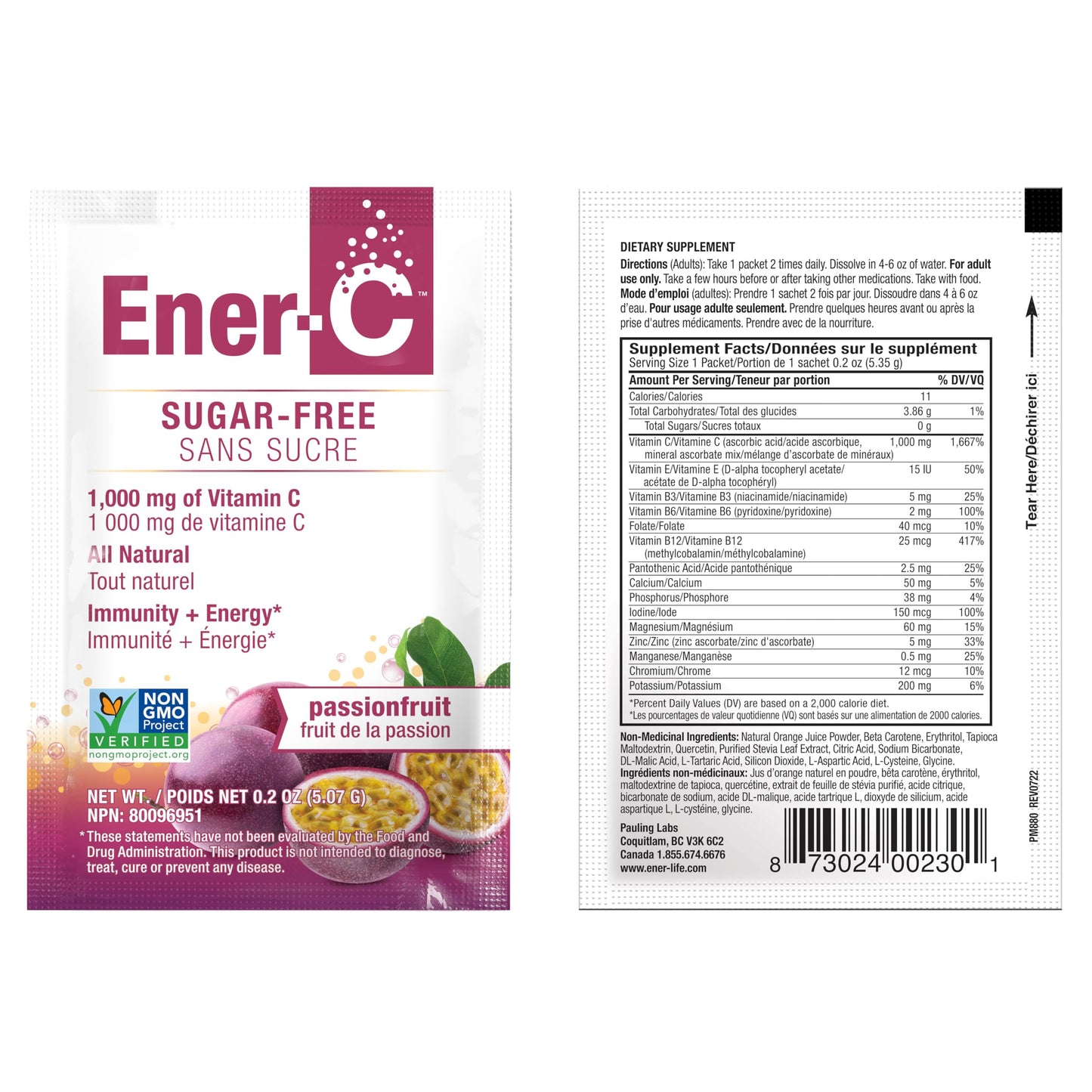 Ener-C Sugar Free Energy Passion Fruit Multivitamin Drink Mix - Vitamin C 1000mg
