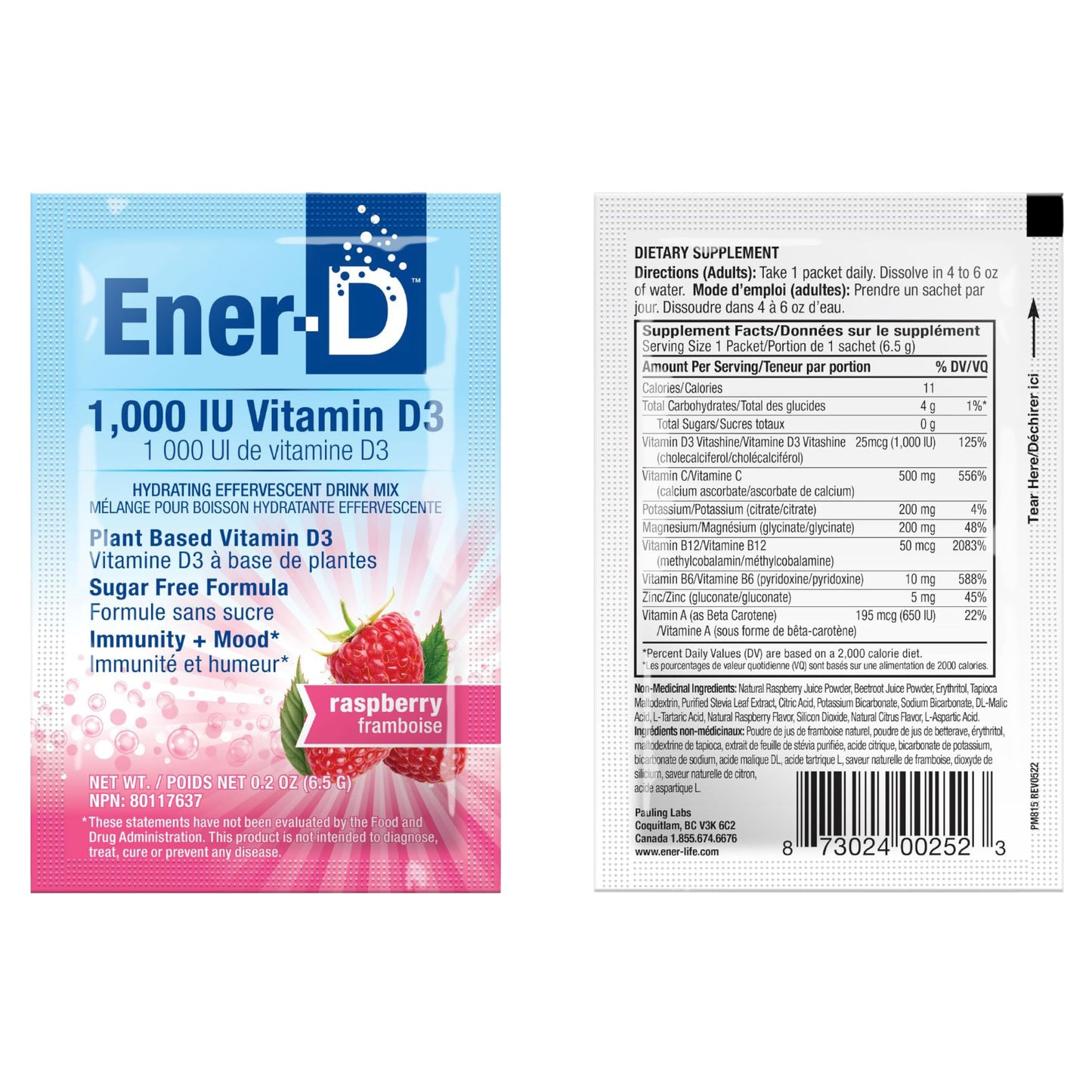Ener-D Sugar Free Multivitamin Drink Mix with Vitamin D3 - Raspberry, 24 Count
