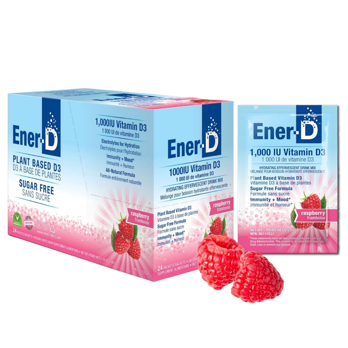 Ener-D Sugar Free Multivitamin Drink Mix with Vitamin D3 - Raspberry, 24 Count