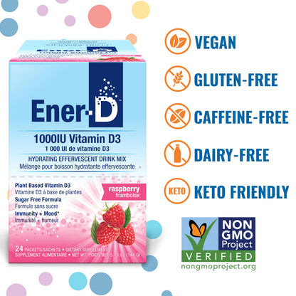 Ener-D Sugar Free Multivitamin Drink Mix with Vitamin D3 - Raspberry, 24 Count