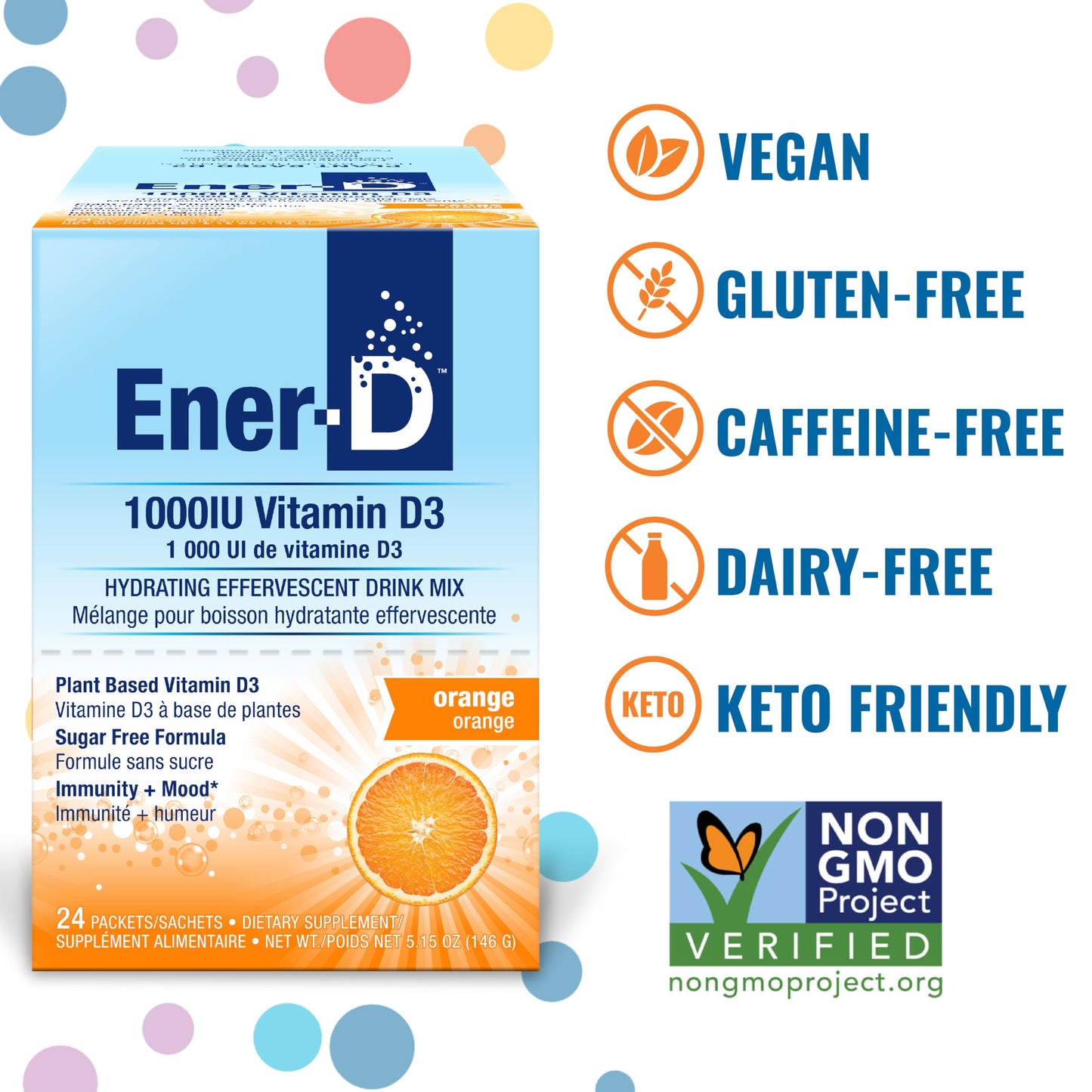 Ener-D Sugar Free Vitamin D3 Orange Drink Powder | Immune Support, Multivitamin, Vegan & Non-GMO (24 Count)