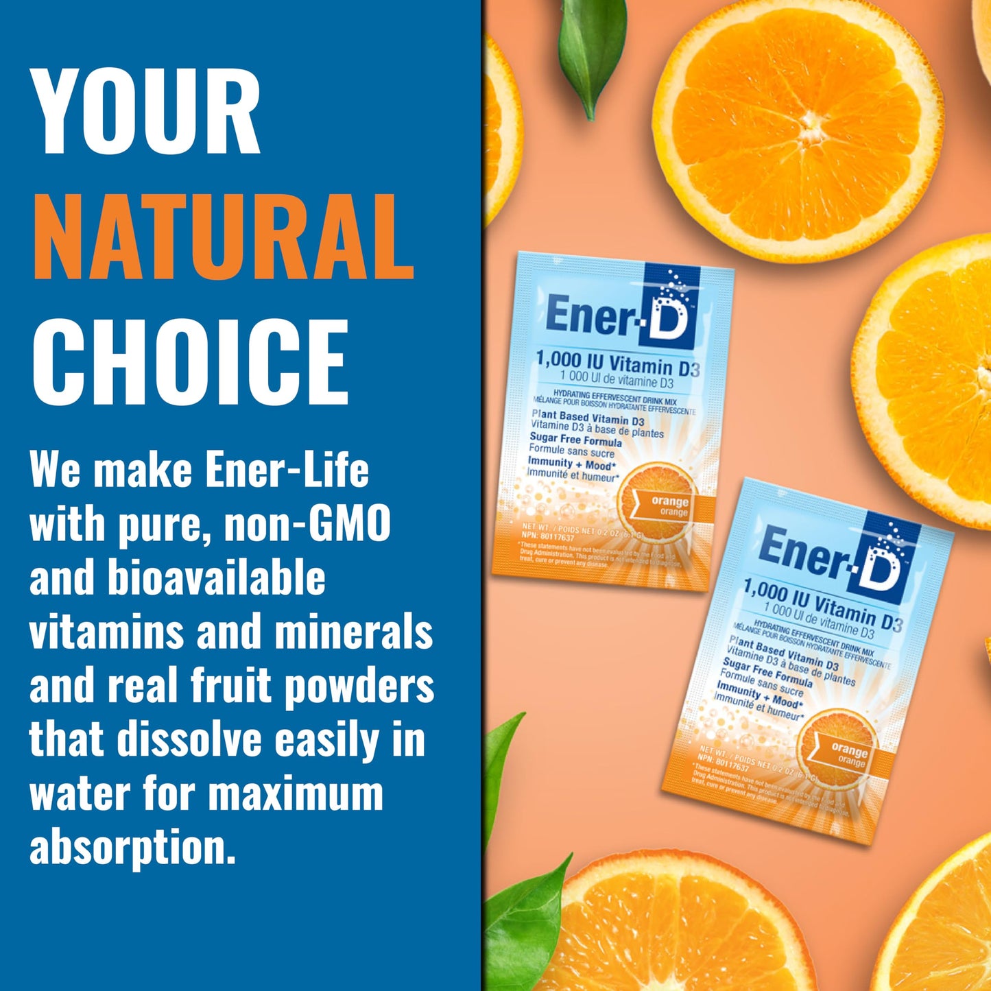 Ener-D Sugar Free Vitamin D3 Orange Drink Powder | Immune Support, Multivitamin, Vegan & Non-GMO (24 Count)
