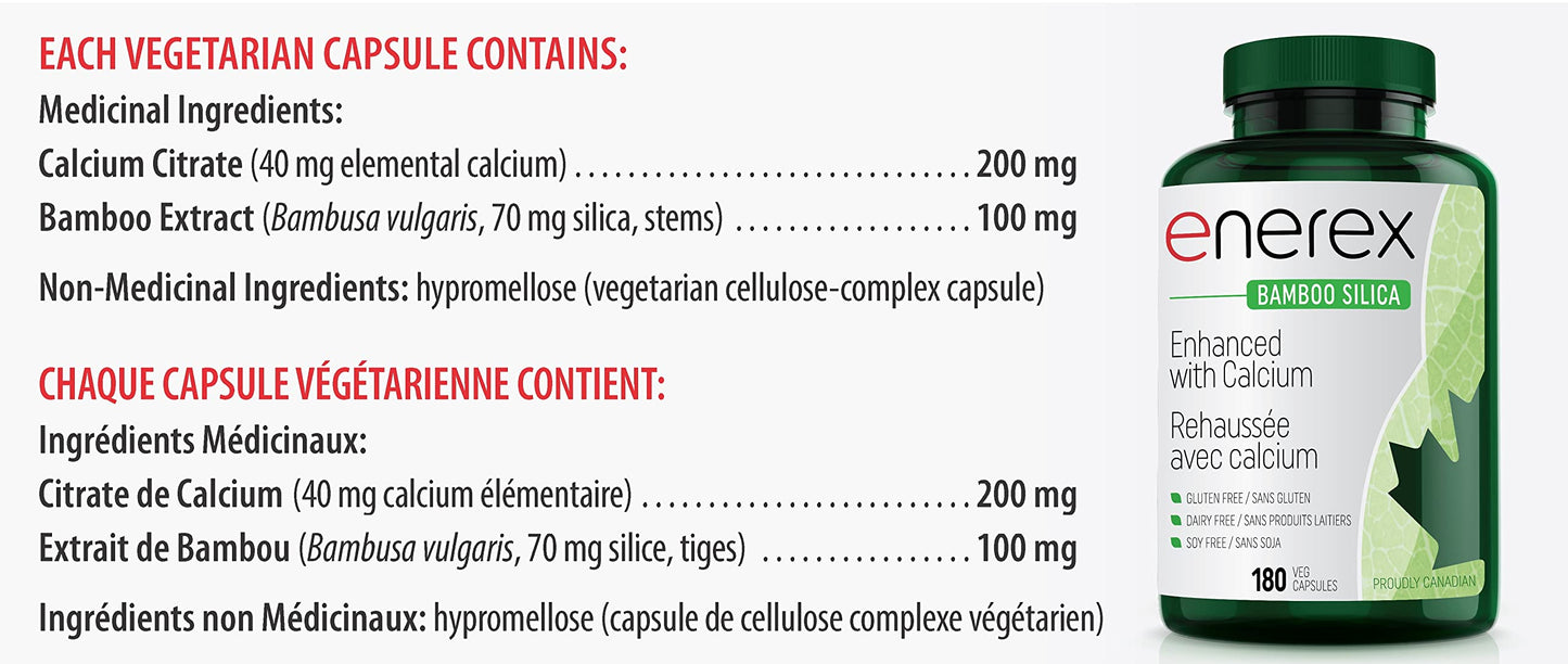 ENEREX Bamboo Silica with Calcium Citrate – 180 Veggie Caps | Bone & Dental Health