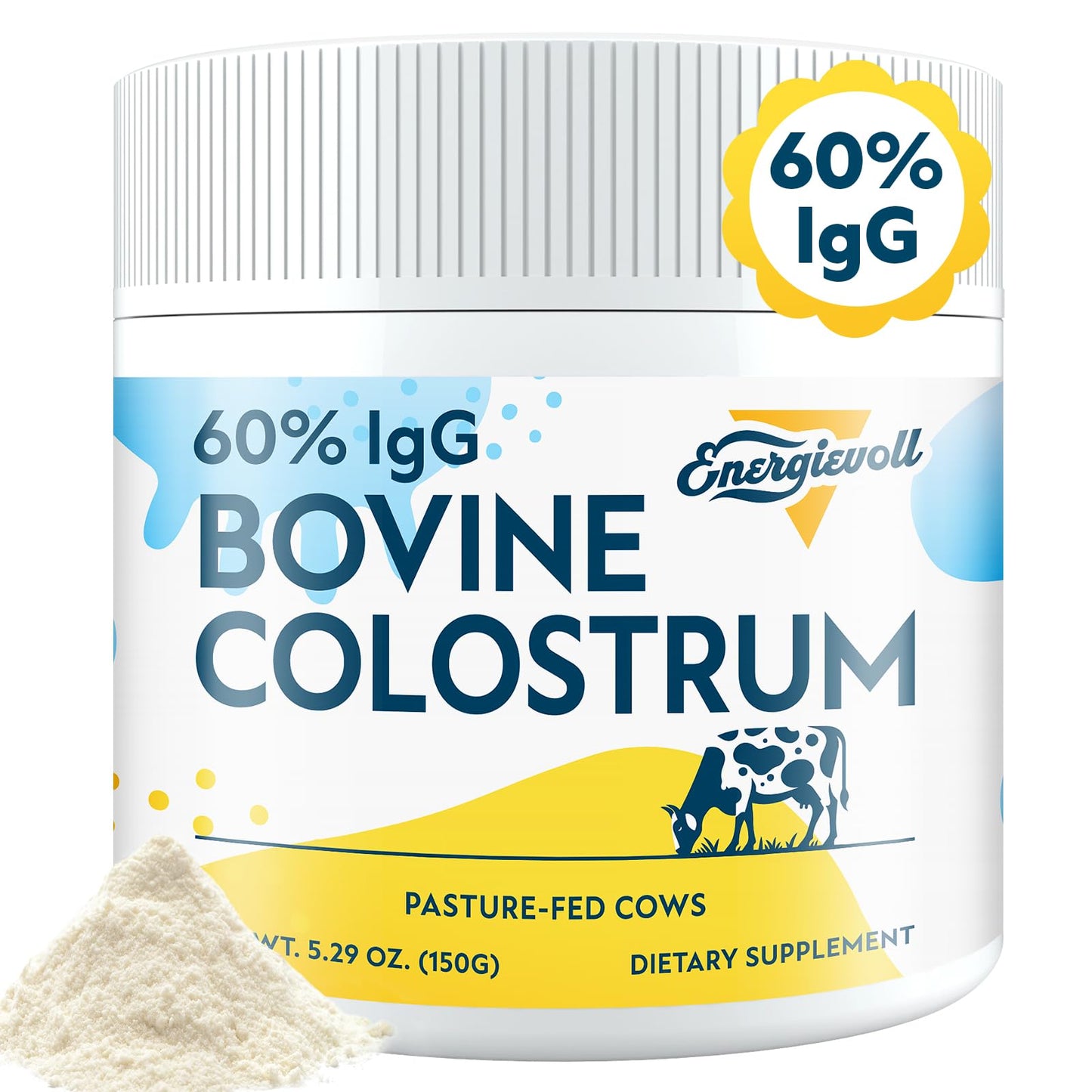 Energetic Bovine Colostrum Supplement Powder – 60% IgG, 3000 mg, 50 Servings, Unflavored – Gut & Immune Support