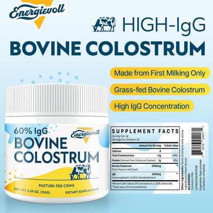 Energetic Bovine Colostrum Supplement Powder – 60% IgG, 3000 mg, 50 Servings, Unflavored – Gut & Immune Support