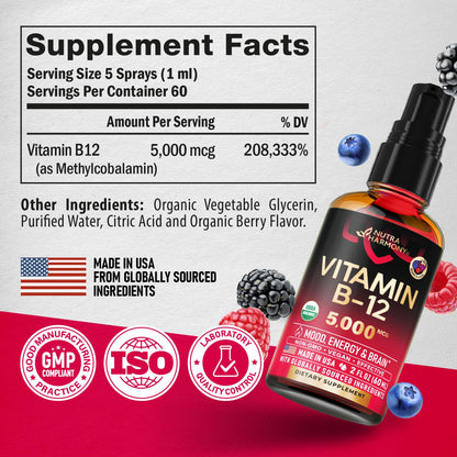 USDA Organic Vitamin B12 Sublingual Spray 5000 mcg - Vegan Methylcobalamin | 2 fl oz | 2 Month Supply