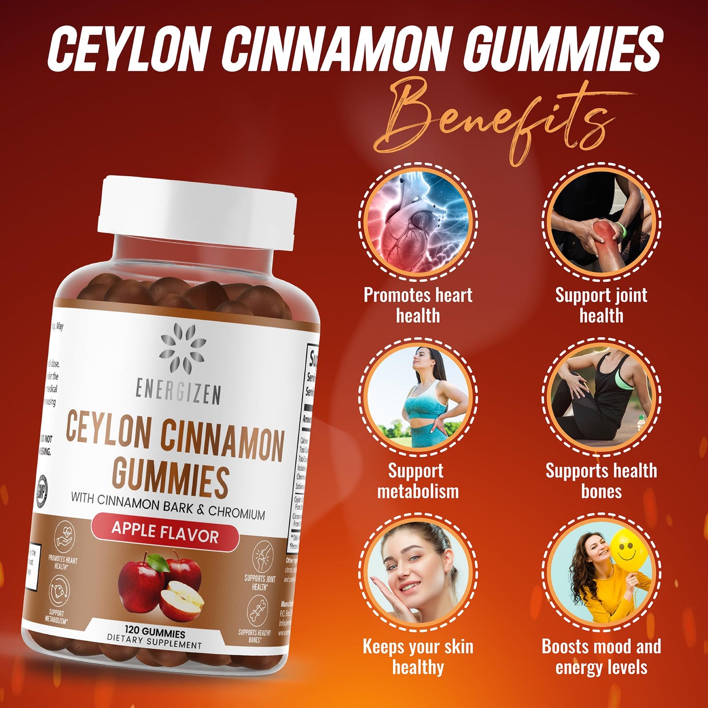 Energizen Cinnamon + Chromium Gummies - 120 Vegan Gummies | Joint Pain & Brain Health Support, Sugar-Free, Non-GMO, Gluten-Free