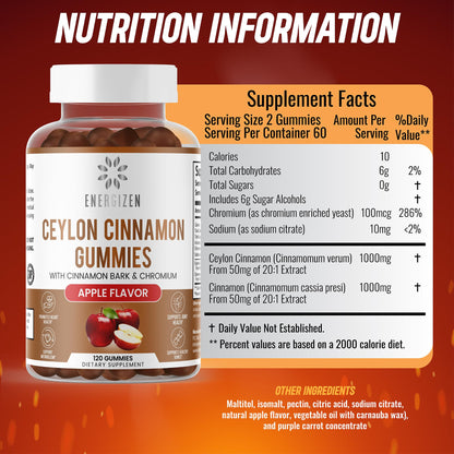 Energizen Cinnamon + Chromium Gummies - 120 Vegan Gummies | Joint Pain & Brain Health Support, Sugar-Free, Non-GMO, Gluten-Free