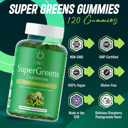 Energizen Green Superfood Gummies Plus – Liver Support, Digestive Health & Immunity (Vegan, Non-GMO, Gluten-Free) – Raspberry & Pomegranate, 120 Count