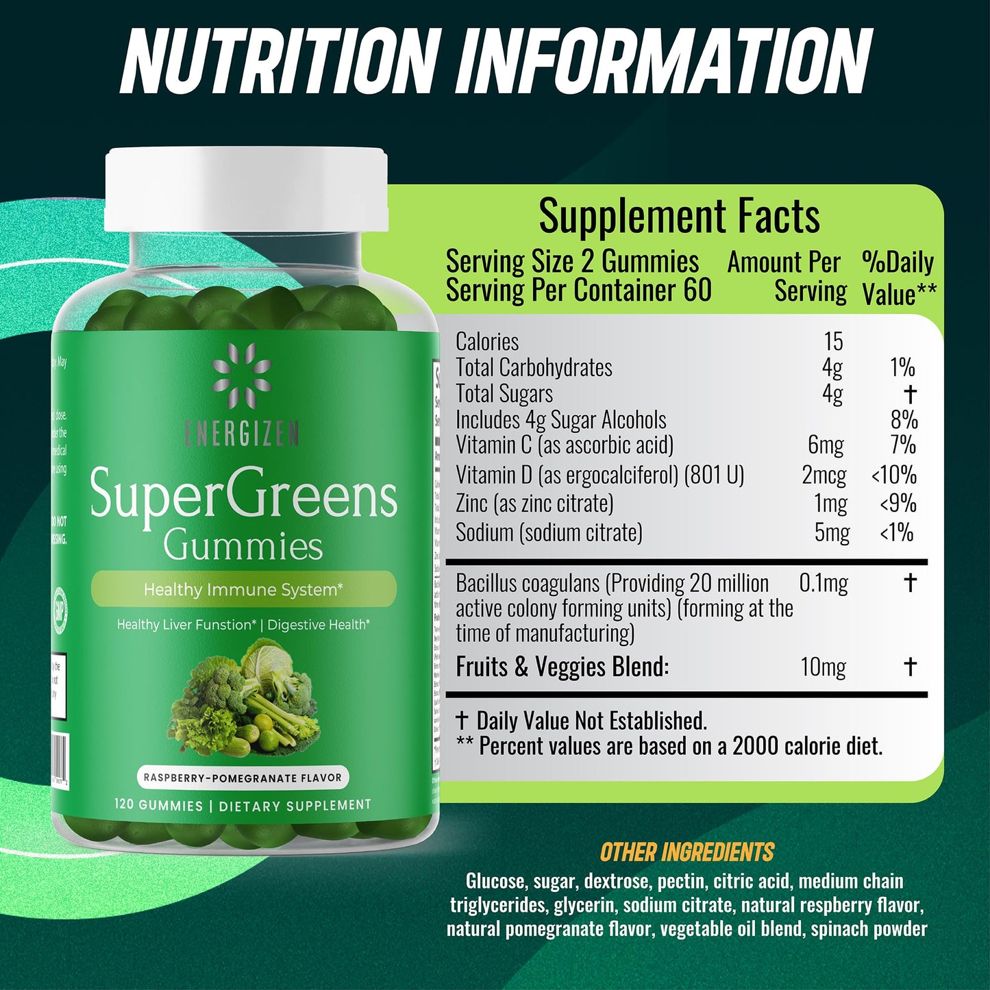 Energizen Green Superfood Gummies Plus – Liver Support, Digestive Health & Immunity (Vegan, Non-GMO, Gluten-Free) – Raspberry & Pomegranate, 120 Count