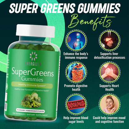Energizen Green Superfood Gummies Plus – Liver Support, Digestive Health & Immunity (Vegan, Non-GMO, Gluten-Free) – Raspberry & Pomegranate, 120 Count