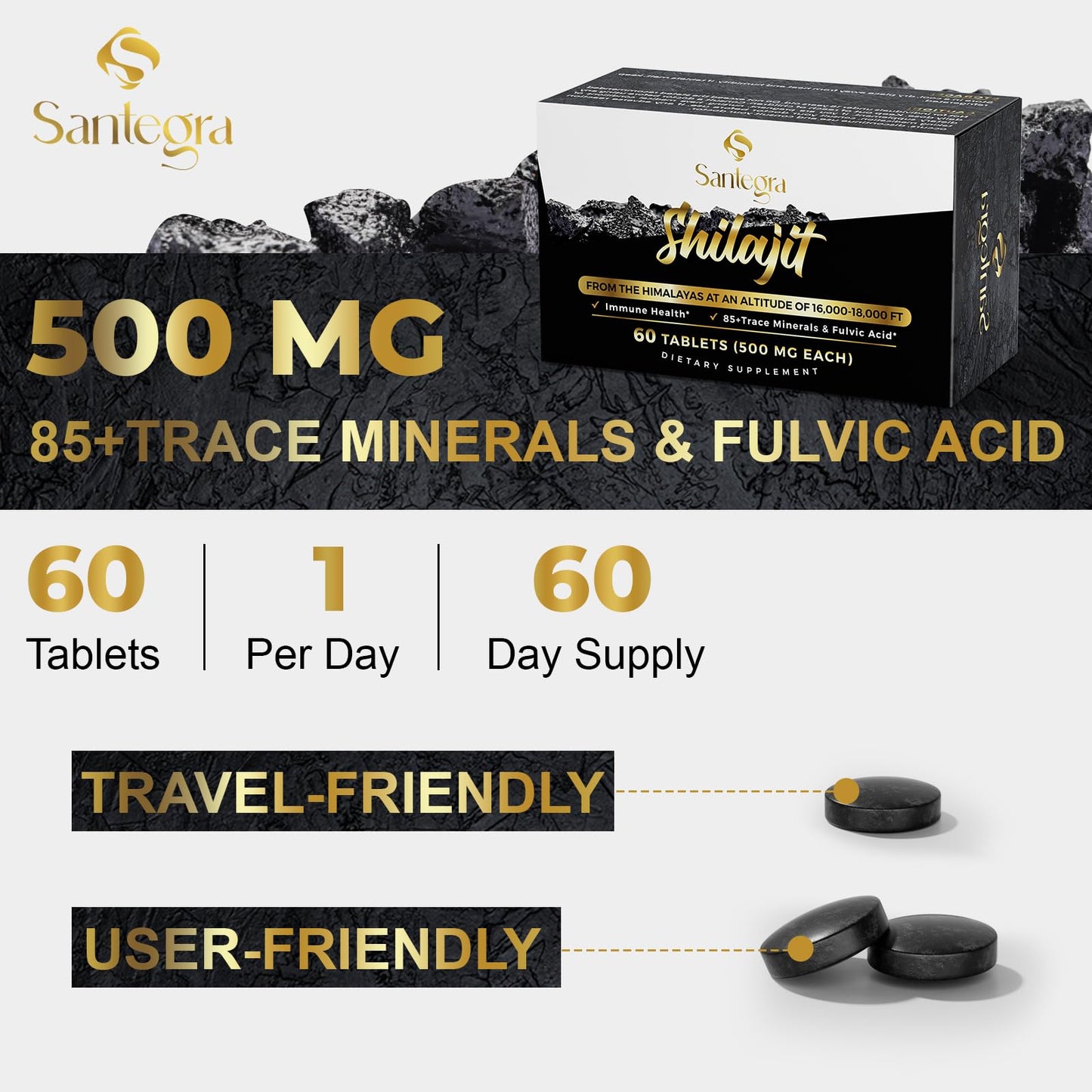 30,000 mg Shilajit Tablets – 60 Count | Himalayan Organic Shilajit Resin with Fulvic Acid & 85+ Minerals