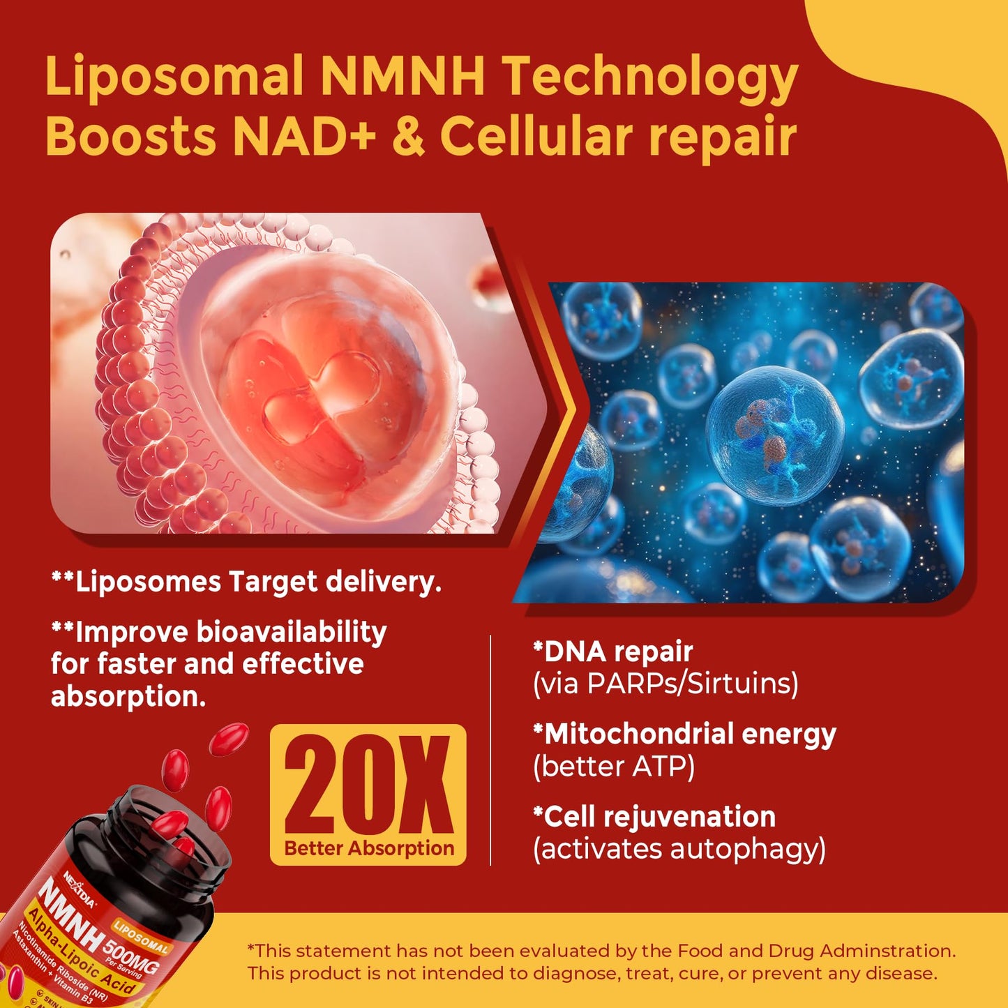 Liposomal NMNH Softgel 500mg with NR, ALA 200mg & Astaxanthin 10mg | Mitochondrial Support & Healthy Aging