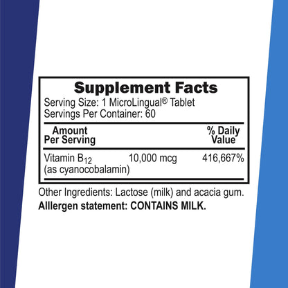 Superior Source No Shot Vitamin B-12 Cyanocobalamin 10000 mcg - Sublingual B-12 for Energy, Brain Health & Wellness - 60 Dissolvable Tablets