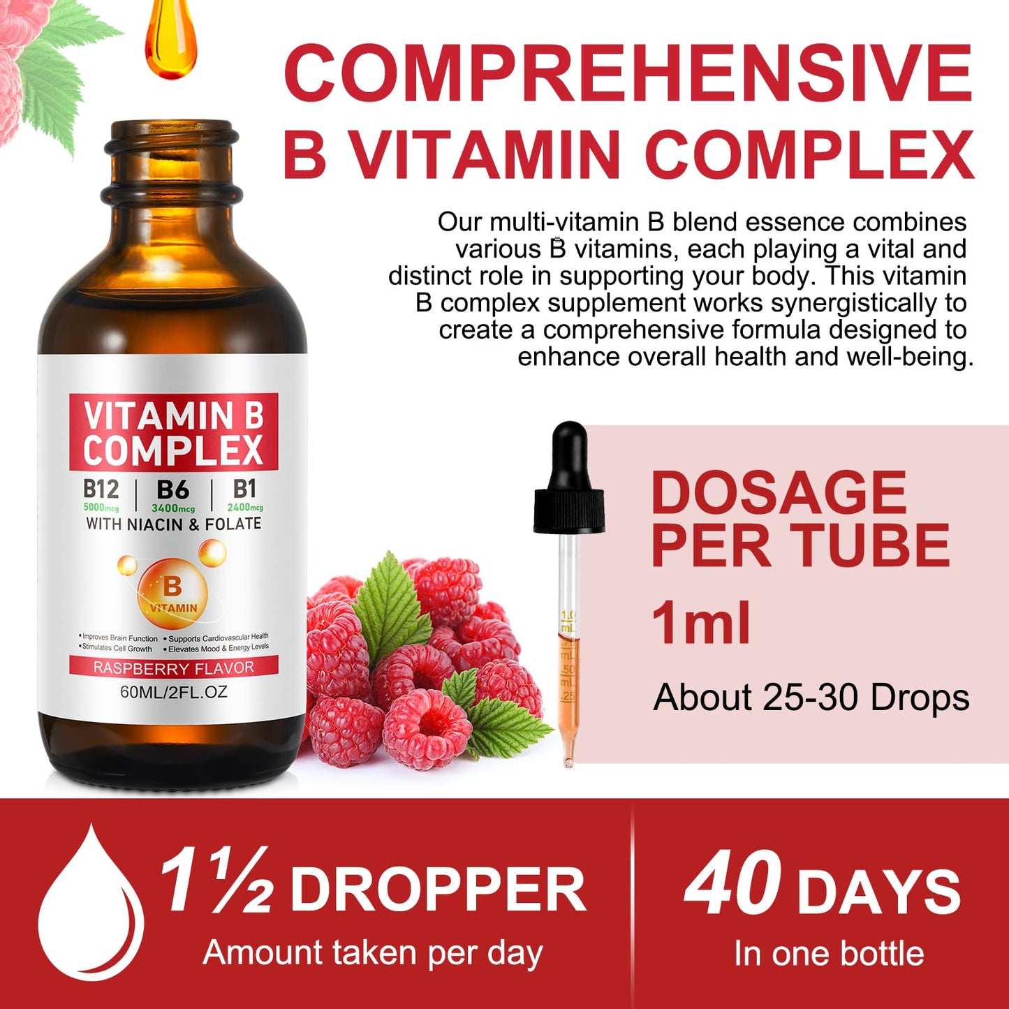 Vitamin B Complex Liquid Drops – Vegan B12 (Methylcobalamin) with B1, B3, B6, B9 and Niacin – 40 Servings