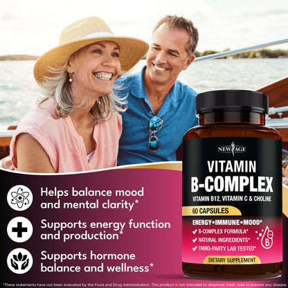 Vitamin B Complex for Men & Women – Made in USA | B-Complex with B1–B12, Vitamin C, Choline & Inositol – 60 Vegan Capsules