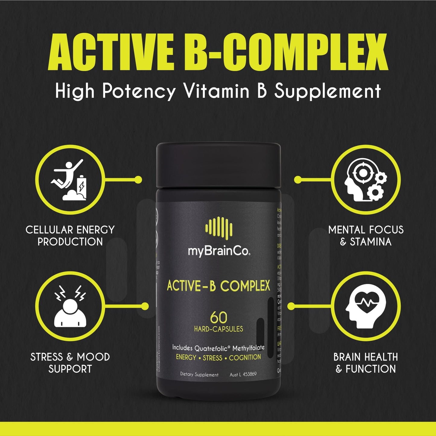 myBrainCo Active-B Complex – High-Strength Activated B Vitamins with B2, B6, B12 & 5-MTHF | Energy, Brain & Nervous System Support | 60 Vege-Capsules