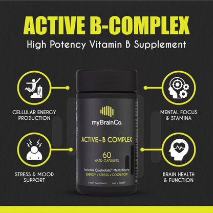 myBrainCo Active-B Complex – High-Strength Activated B Vitamins with B2, B6, B12 & 5-MTHF | Energy, Brain & Nervous System Support | 60 Vege-Capsules