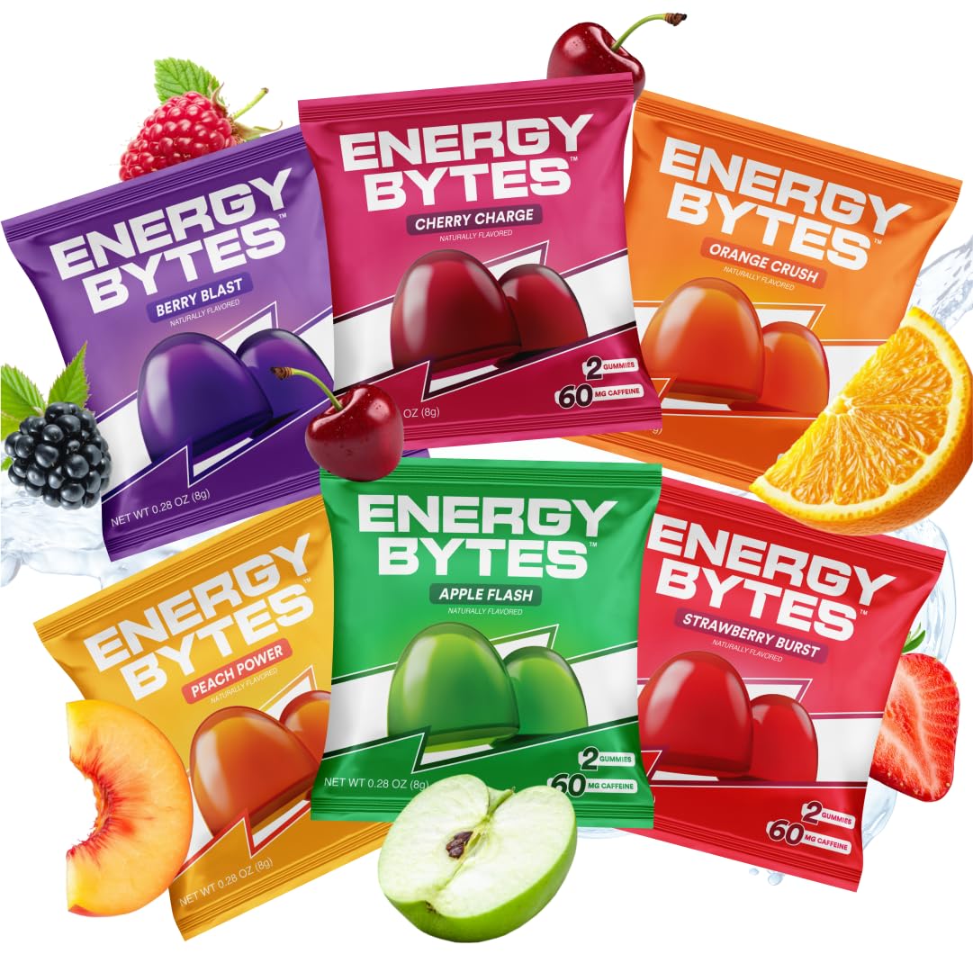 Energy Bytes Caffeine Gummies | Instant Energy Chews for Running, Cycling and Sports Performance | Vegan, Low Sugar | Variety Pack (12-Pack)
