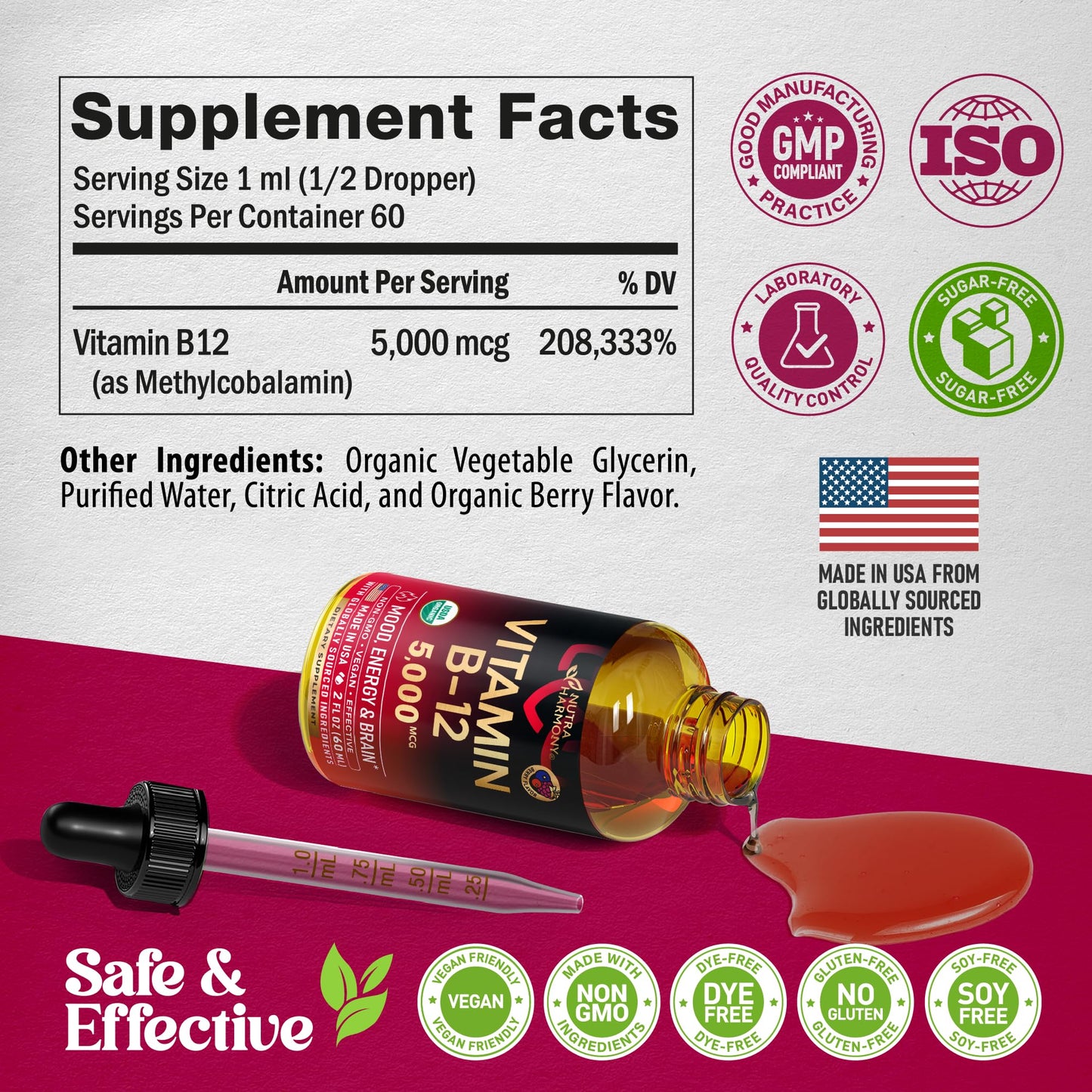 USDA Organic Vitamin B12 Sublingual Drops 5000 mcg – Vegan Methylcobalamin