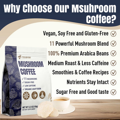 Mushroom Coffee – 11 Superfood Mushrooms with Lion’s Mane, Reishi, Chaga & Ashwagandha | Organic Instant Coffee, Low Caffeine & Sugar Free (5.3oz)