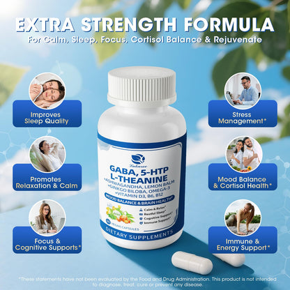 GABA 750mg with L-Theanine – 10-in-1 Calm Capsules for Sleep & Mood (90ct)