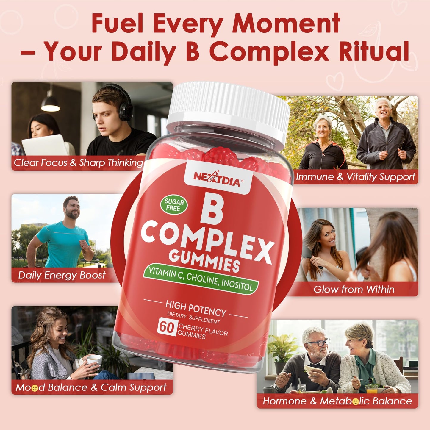 Vitamin B Complex Gummies – Vegan B Vitamins with 2000 mcg Methyl B12, Methyl Folate, Plus Choline + Inositol | Vitamin C + Zinc for Energy, Mood & Immunity – 120 Gummies