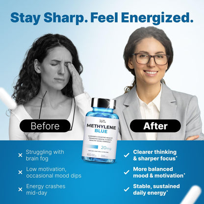 Ultimate Methylene Blue Capsules For Humans 20mg - Focus Fuel and Memory Vitamins | Blue Methylene Pharmaceutical Grade 2% - Memory Supplements and Brain Booster Supplement | Energy Pills 60 Count