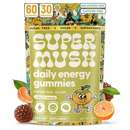 Energy Mushroom Gummies – Organic Lion’s Mane & Cordyceps, Rhodiola, L-Theanine | Vegan & Sugar-Free (60 Gummies)