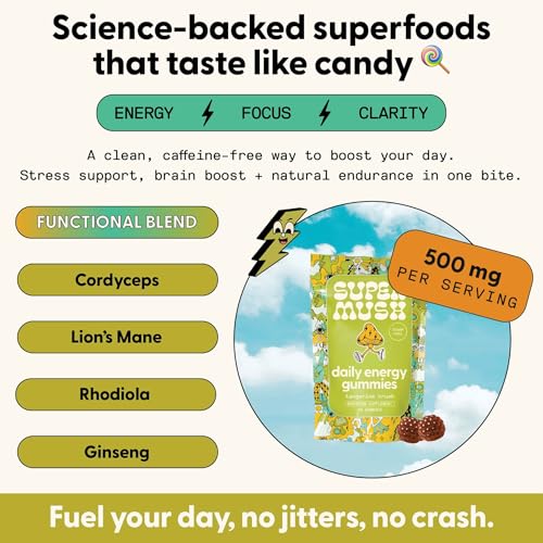 Energy Mushroom Gummies – Organic Lion’s Mane & Cordyceps, Rhodiola, L-Theanine | Vegan & Sugar-Free (60 Gummies)