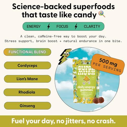 Energy Mushroom Gummies – Organic Lion’s Mane & Cordyceps, Rhodiola, L-Theanine | Vegan & Sugar-Free (60 Gummies)