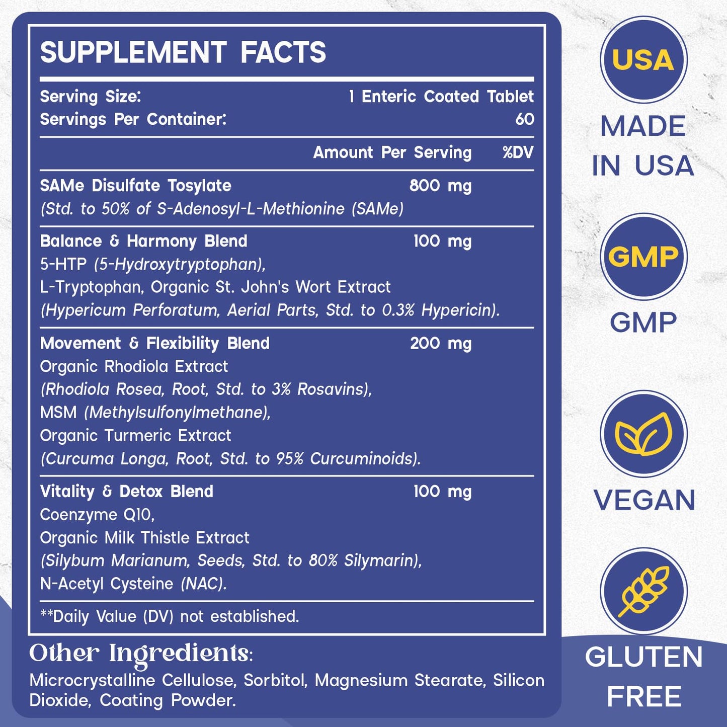 1200 mg SAM-e Supplement - Enteric Coated, Vegan | Brain Mood Joints Liver