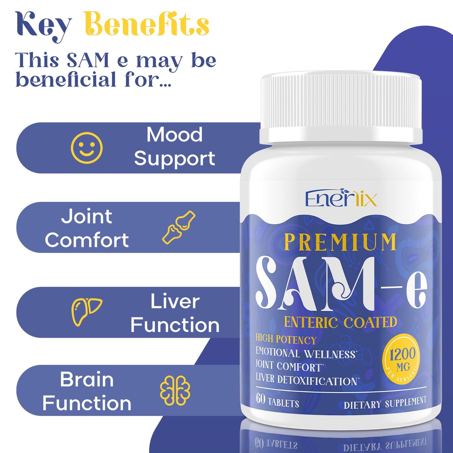 1200 mg SAM-e Supplement - Enteric Coated, Vegan | Brain Mood Joints Liver