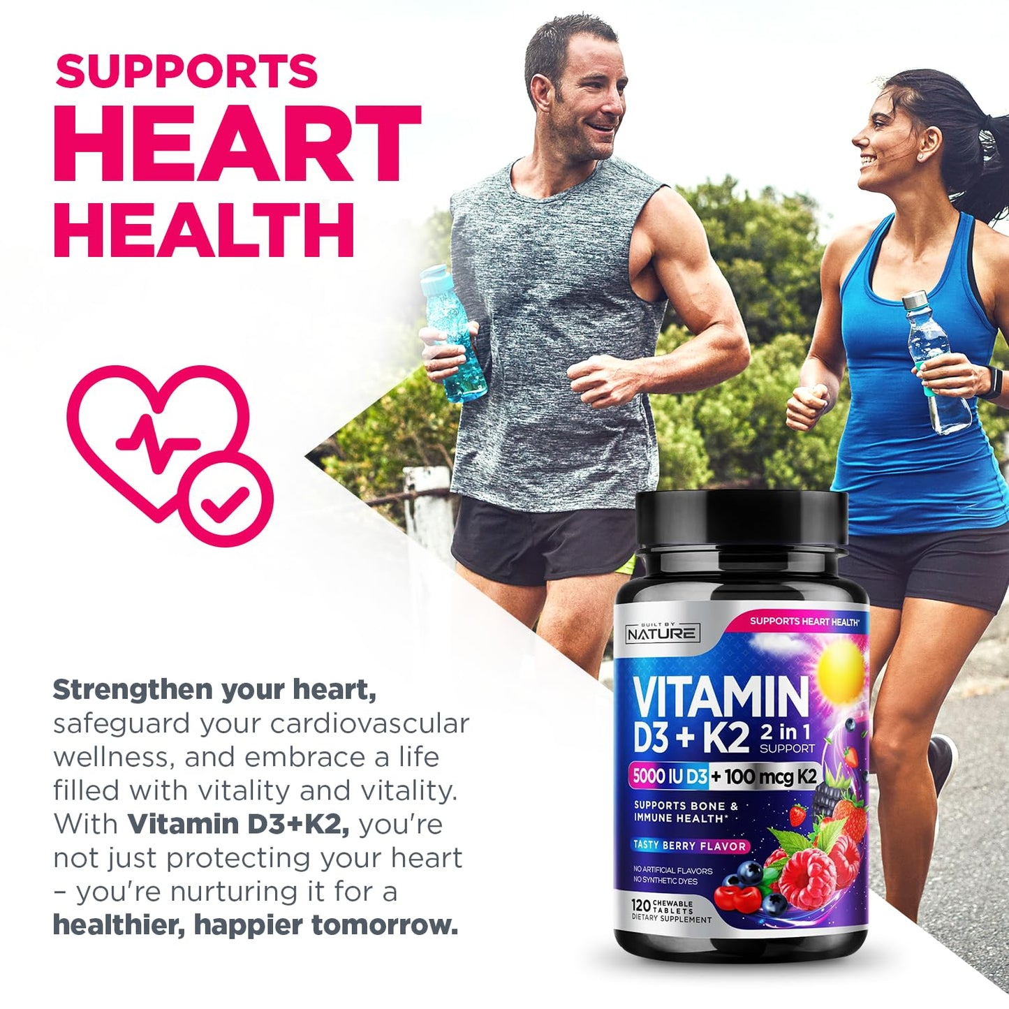 Vitamin D3 K2 Chewable 5000 IU + 100 mcg MK-7 – 2 in 1 Immune, Heart & Bone Support | Berry Flavor | Non-GMO | 120 Tablets
