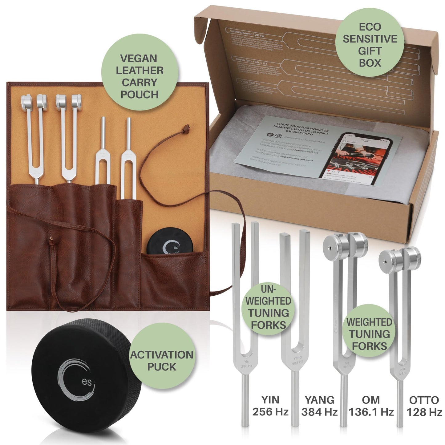 ENSO SENSORY Resonance Tuning Fork Set – 128Hz, 136.1Hz, 256Hz, 384Hz for Stress, Sleep & Chakra Balance