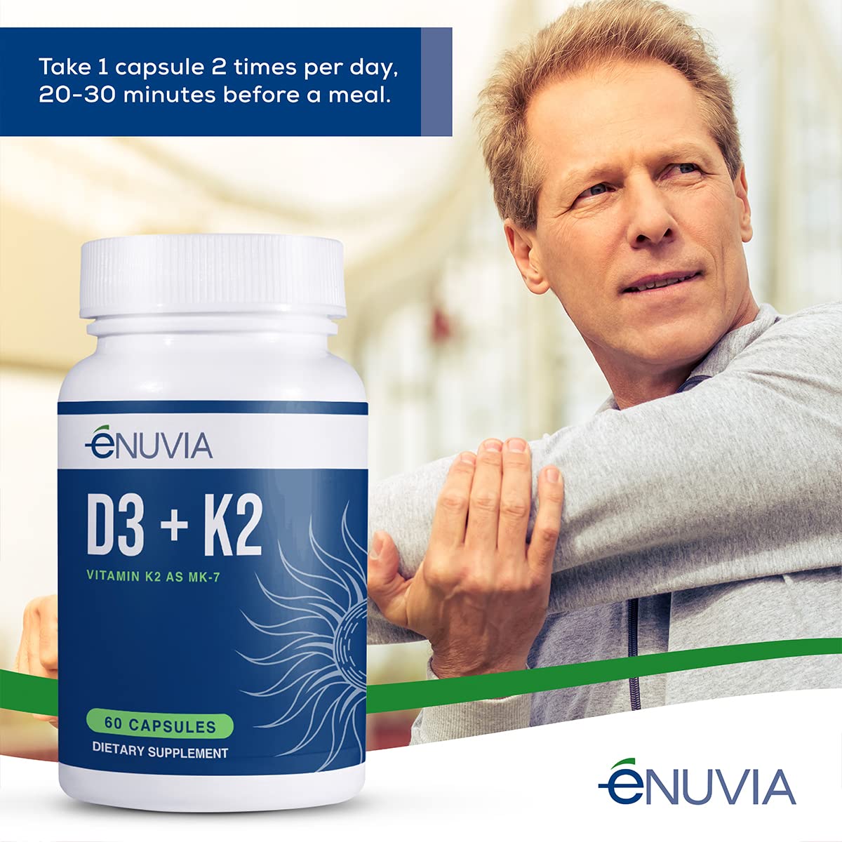 Enuvia D3+K2 Vitamin D3 K2 Supplement – 60 Veggie Capsules – Made in USA