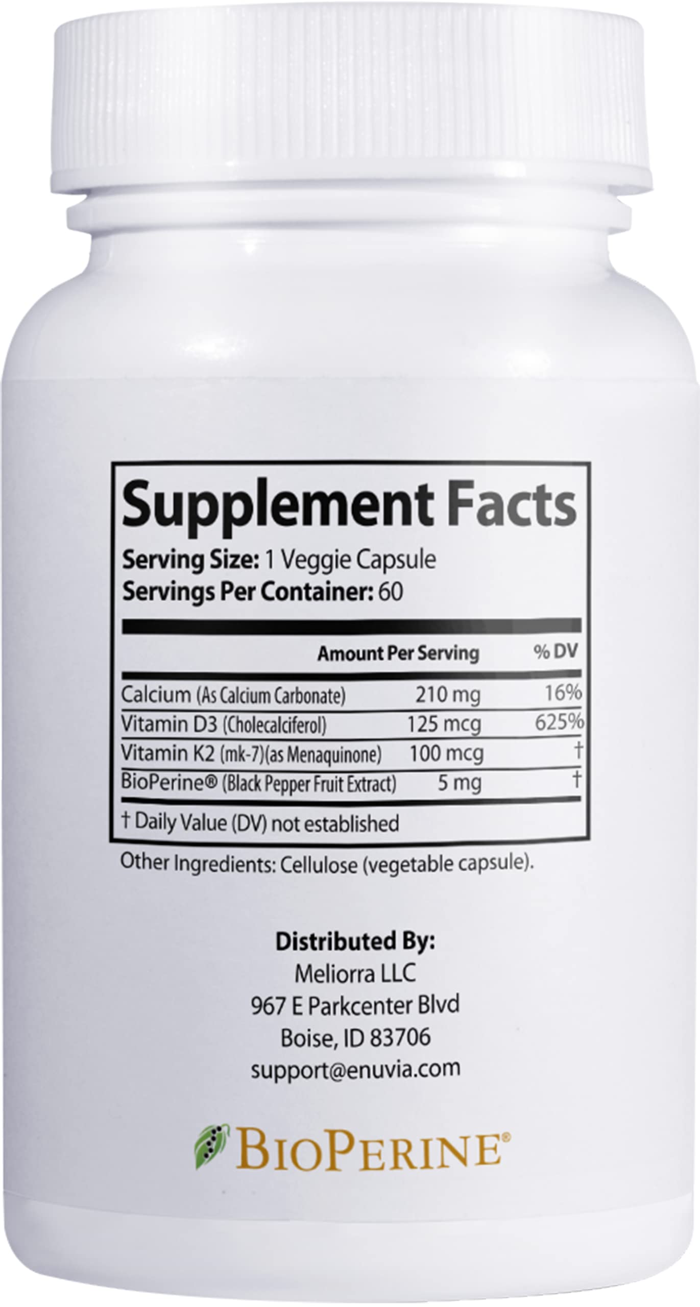 Enuvia D3+K2 Vitamin D3 K2 Supplement – 60 Veggie Capsules – Made in USA