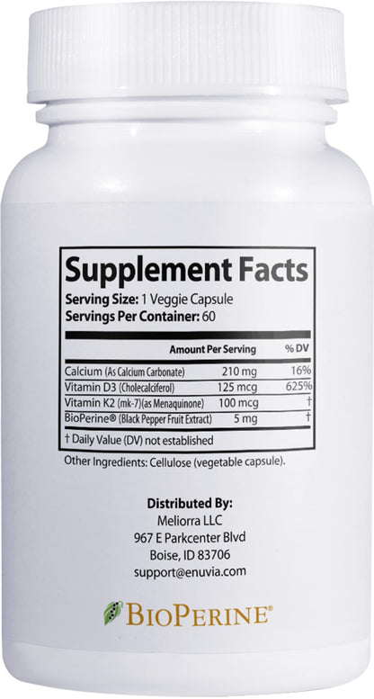 Enuvia D3+K2 Vitamin D3 K2 Supplement – 60 Veggie Capsules – Made in USA