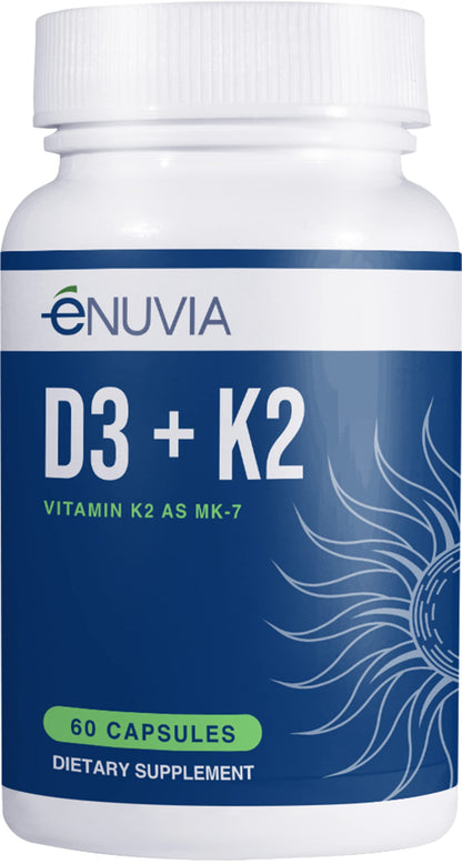 Enuvia D3+K2 Vitamin D3 K2 Supplement – 60 Veggie Capsules – Made in USA