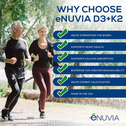 Enuvia D3+K2 Vitamin D3 K2 Supplement – 60 Veggie Capsules – Made in USA
