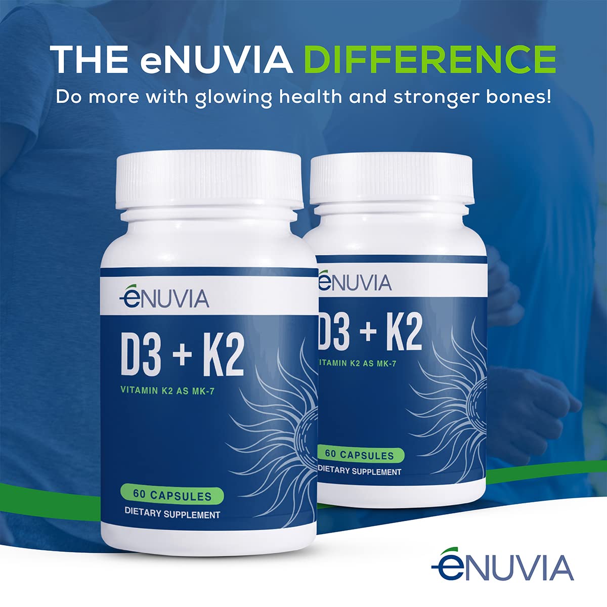 Enuvia D3+K2 Vitamin D3 K2 Supplement – 60 Veggie Capsules – Made in USA