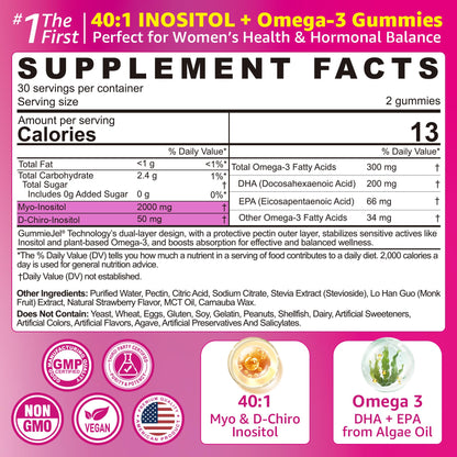 EnvyCure Inositol + Omega-3 Gummies for Women – Hormonal Balance & Cycle Health (40:1) – Vegan Sugar-Free, 60 Ct
