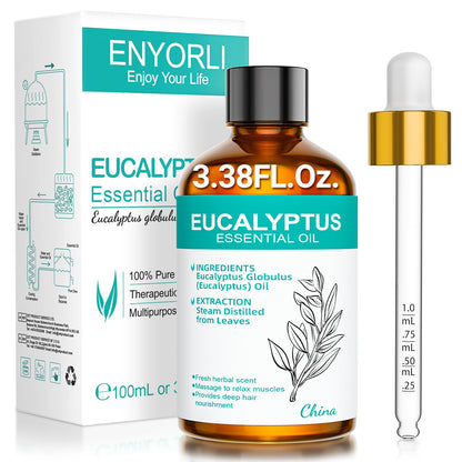 ENYORLI Eucalyptus Essential Oil 3.38 fl oz – 100% Natural, Undiluted, Therapeutic Grade for Skin, Aromatherapy, Diffuser & Humidifier