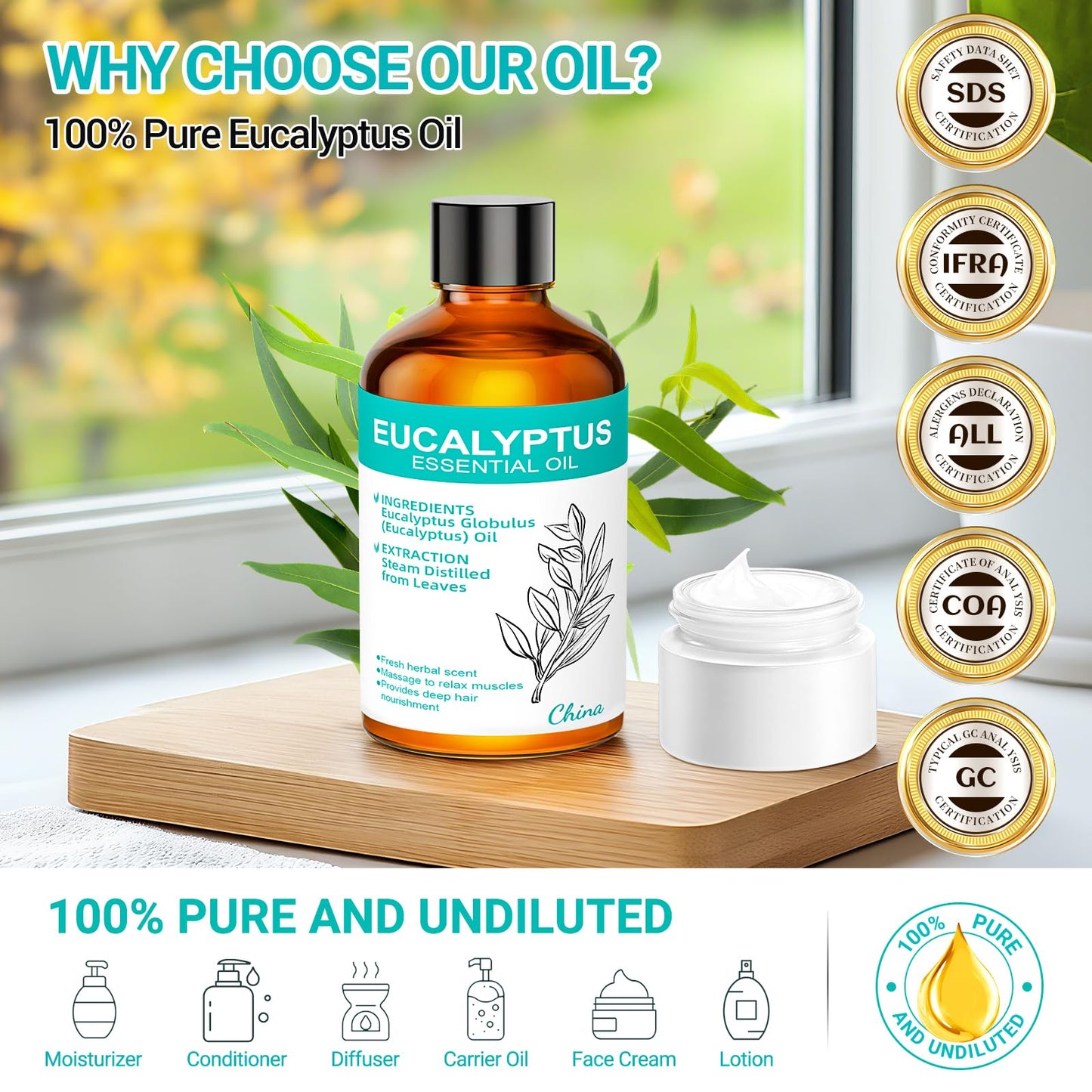 ENYORLI Eucalyptus Essential Oil 3.38 fl oz – 100% Natural, Undiluted, Therapeutic Grade for Skin, Aromatherapy, Diffuser & Humidifier