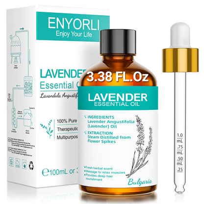 ENYORLI Lavender Essential Oil 3.38 fl oz – 100% Natural for Aromatherapy, Diffuser, Massage, Hair & Skin Care, Sleep & DIY Candles