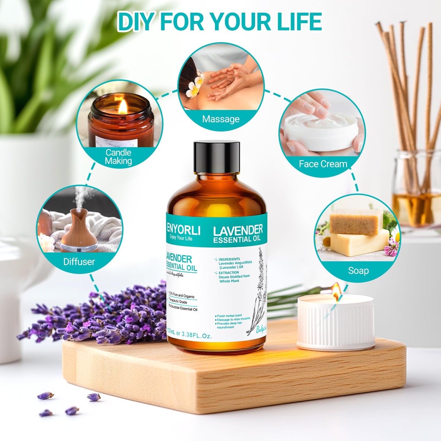 ENYORLI Lavender Essential Oil 3.38 fl oz – 100% Natural for Aromatherapy, Diffuser, Massage, Hair & Skin Care, Sleep & DIY Candles
