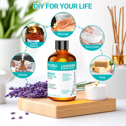 ENYORLI Lavender Essential Oil 3.38 fl oz – 100% Natural for Aromatherapy, Diffuser, Massage, Hair & Skin Care, Sleep & DIY Candles