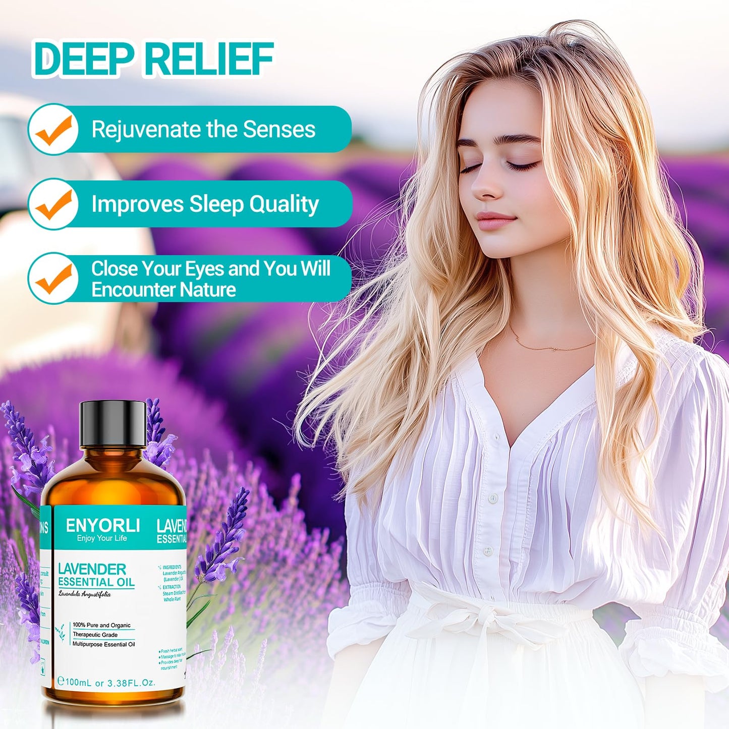 ENYORLI Lavender Essential Oil 3.38 fl oz – 100% Natural for Aromatherapy, Diffuser, Massage, Hair & Skin Care, Sleep & DIY Candles